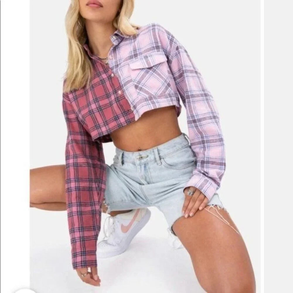 ADIKA Plaid‎ Mismatch Cropped Long Sleeve Shirt Small